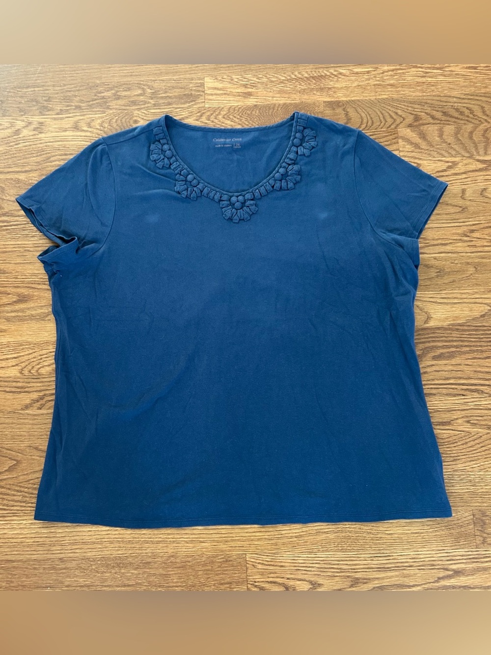 Coldwater Creek Floral Applique Cotton Tee 2X Blue Plus Size